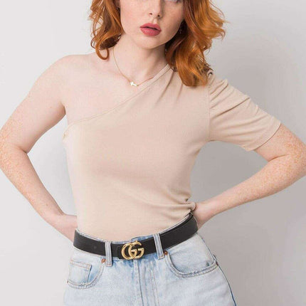 Beige One Sleeve Blouse With Asymmetrical Neckline