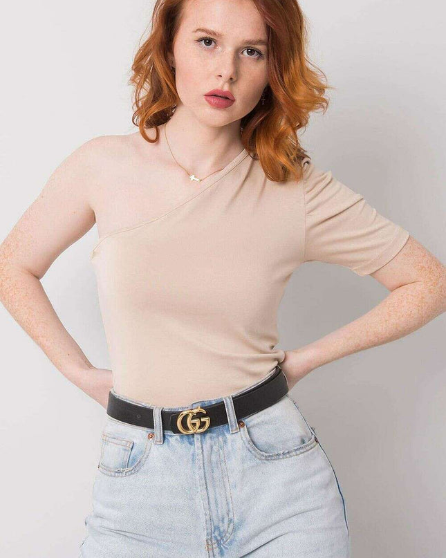 Beige One Sleeve Blouse With Asymmetrical Neckline