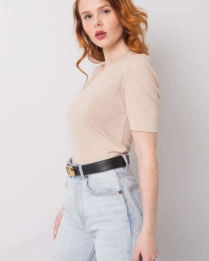 Beige One Sleeve Blouse With Asymmetrical Neckline