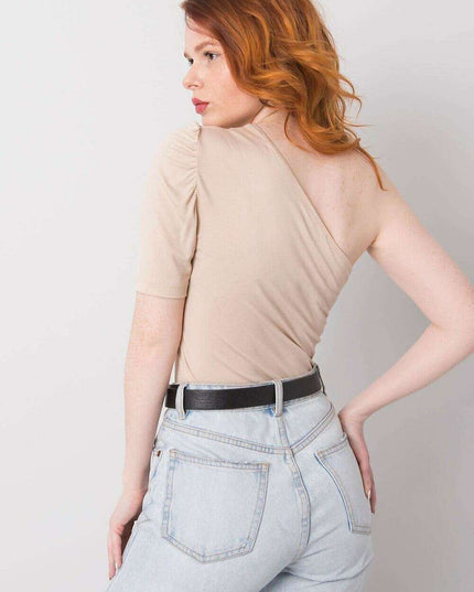 Beige One Sleeve Blouse With Asymmetrical Neckline