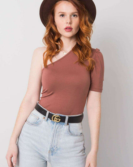 Brown One Sleeve Casual Blouse With Asymmetrical Neckline