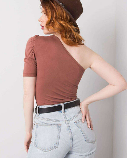 Brown One Sleeve Casual Blouse With Asymmetrical Neckline