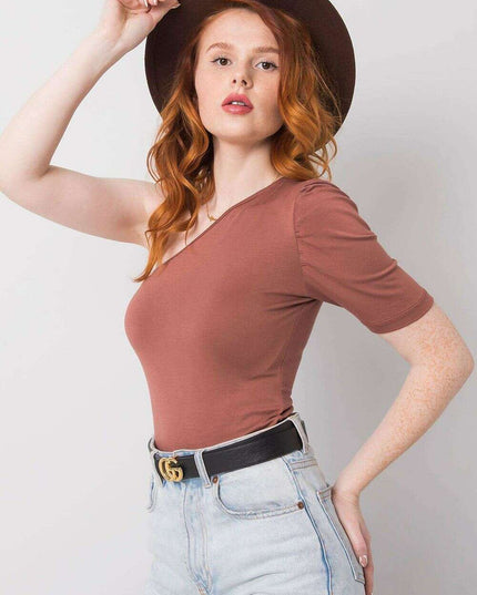Brown One Sleeve Casual Blouse With Asymmetrical Neckline