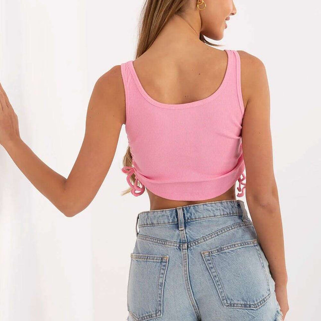 Pink Ribbed Crop Top With Straps Soft Cotton Elastane