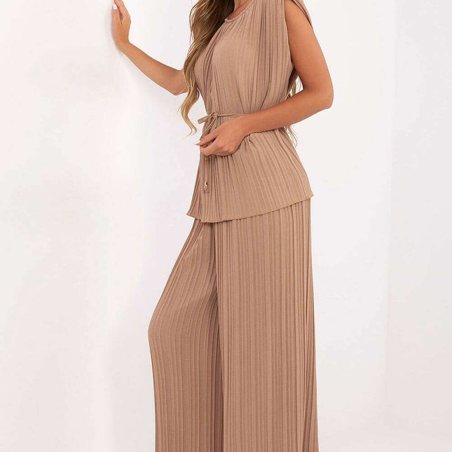 Brown Two Piece Pleated Set 215406 With Sleeveless Blouse