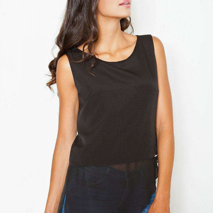 Sophisticated Asymmetrical Sleeveless Top with Stylish Metal Logo Detail