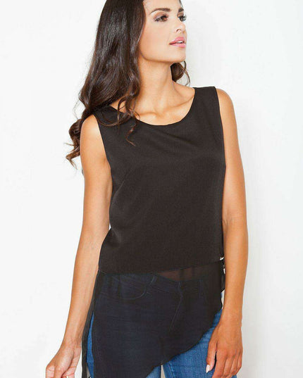 Sophisticated Asymmetrical Sleeveless Top with Stylish Metal Logo Detail