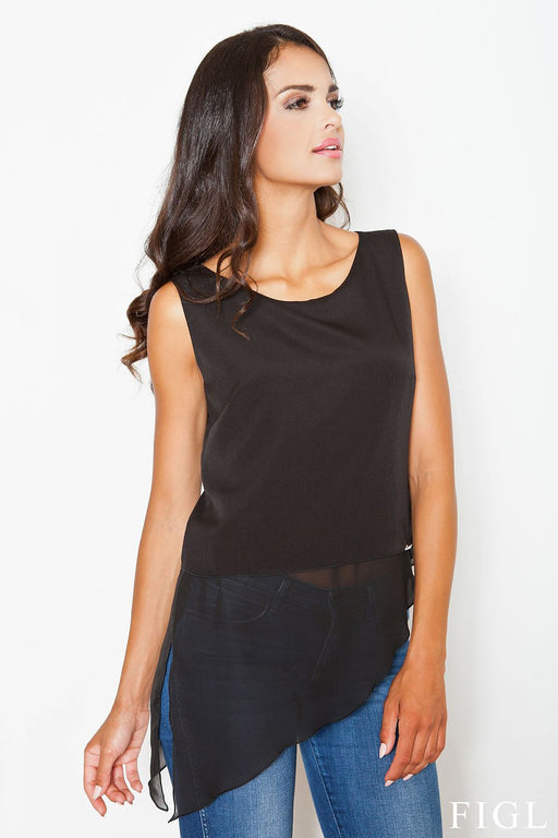 Sophisticated Metal Logo Sleeveless Blouse with Asymmetrical Cut