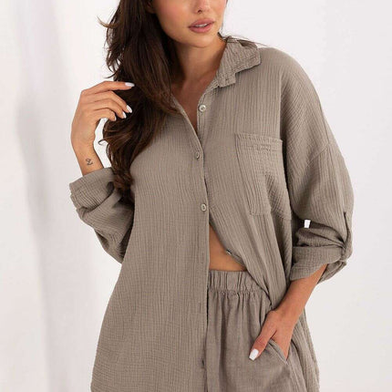 Beige Long Sleeve Muslin Shirt 215497 For Women Casual Wear