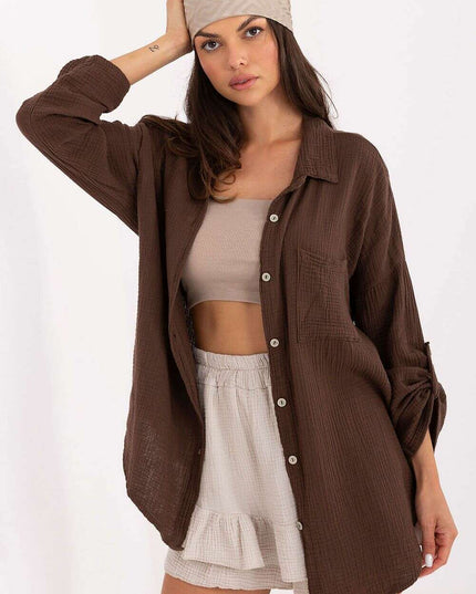 Women Long Sleeve Cotton Shirt 215499 Loose Fit Brown