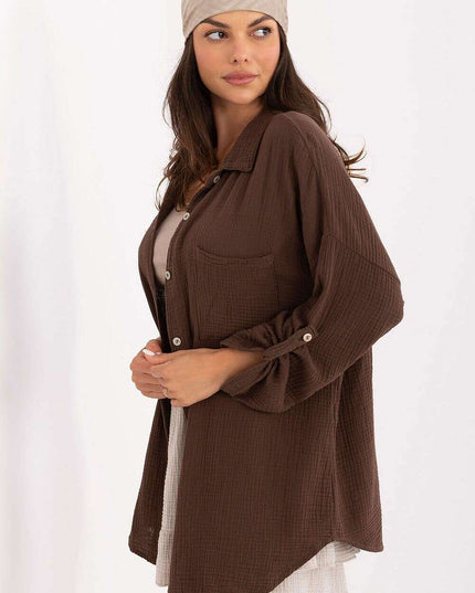 Women Long Sleeve Cotton Shirt 215499 Loose Fit Brown