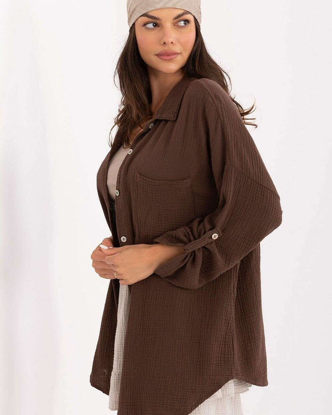 Women Long Sleeve Cotton Shirt 215499 Loose Fit Brown