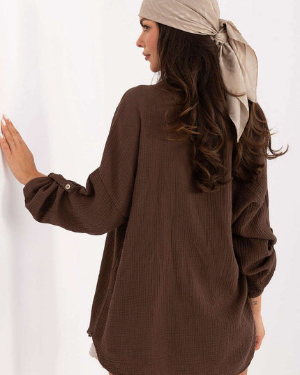 Women Long Sleeve Cotton Shirt 215499 Loose Fit Brown