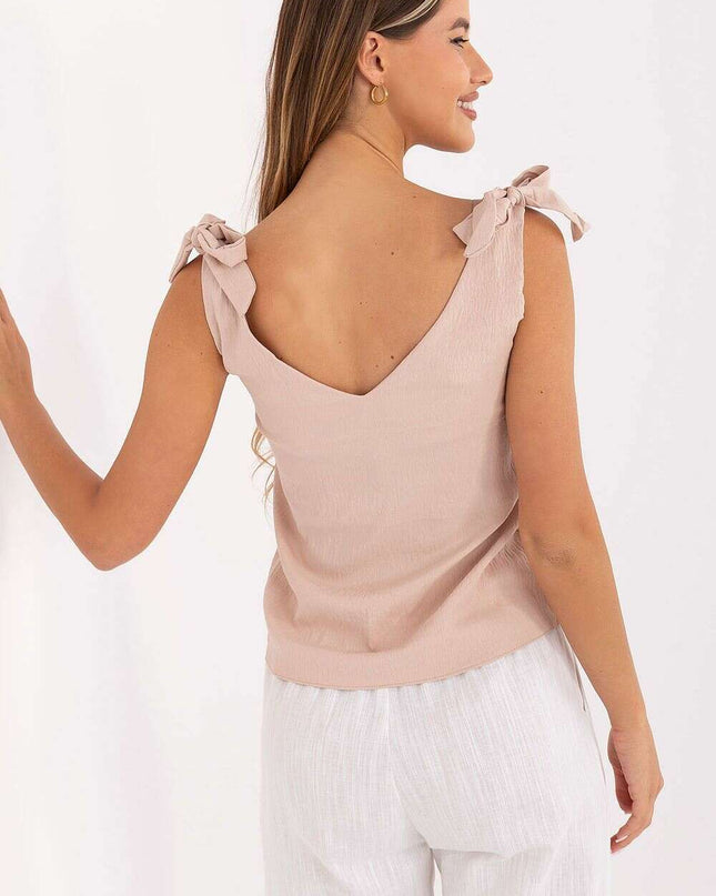 Beige V Neck Top With Decorative Tie Straps Polyester