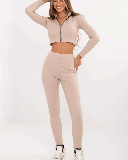 Beige Ribbed Women Set With Standup Collar Blouse Trousers