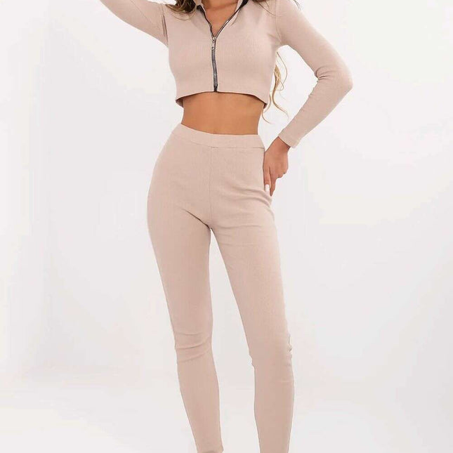 Beige Ribbed Women Set With Standup Collar Blouse Trousers