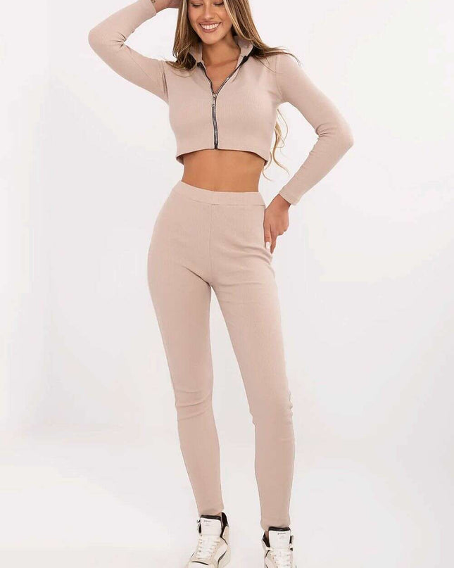 Beige Ribbed Women Set With Standup Collar Blouse Trousers