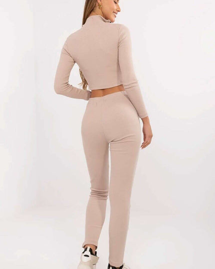 Beige Ribbed Women Set With Standup Collar Blouse Trousers