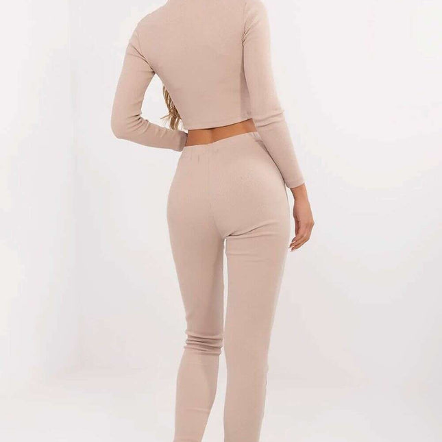 Beige Ribbed Women Set With Standup Collar Blouse Trousers