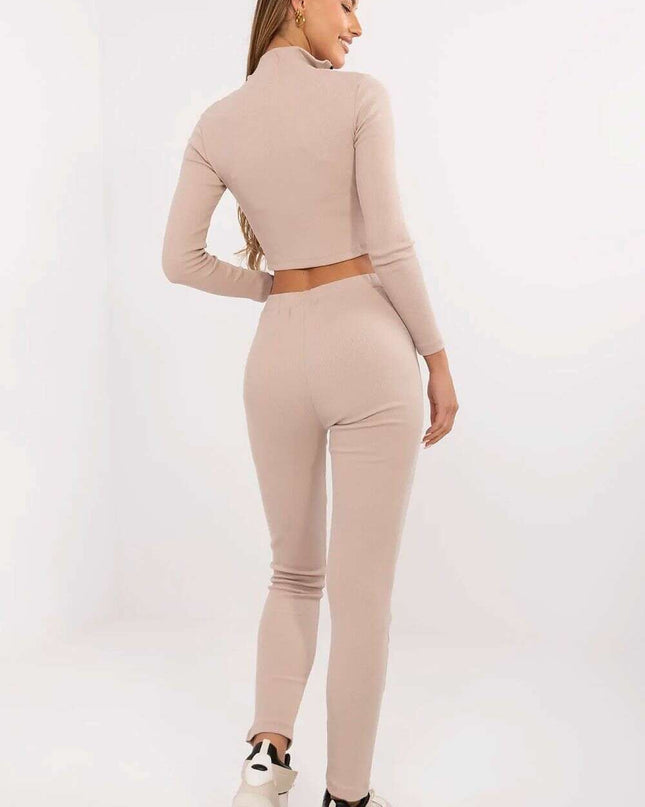 Beige Ribbed Women Set With Standup Collar Blouse Trousers