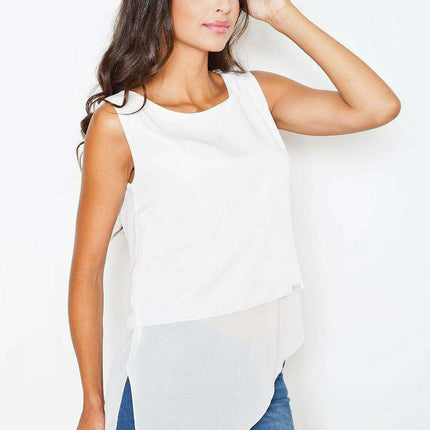 Chic Asymmetrical Hem Sleeveless Blouse with Logo Detail