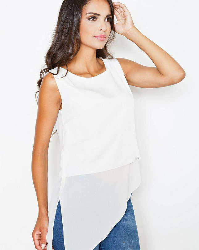 Chic Asymmetrical Hem Sleeveless Blouse with Logo Detail