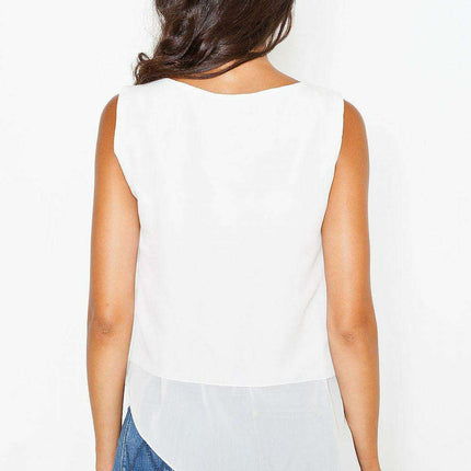 Chic Asymmetrical Hem Sleeveless Blouse with Logo Detail