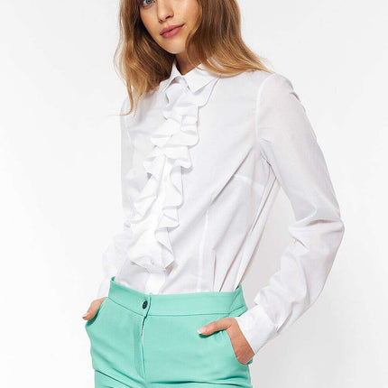 White Long Sleeve Shirt With Ruffled Collar 216346