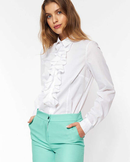 White Long Sleeve Shirt With Ruffled Collar 216346