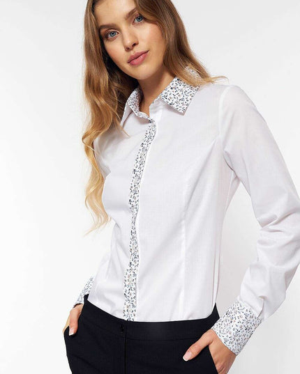 White Long Sleeve Shirt With Pleated Collar Cuffs 216347