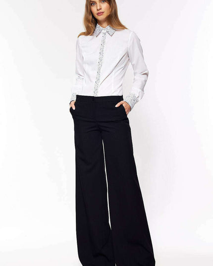 White Long Sleeve Shirt With Pleated Collar Cuffs 216347