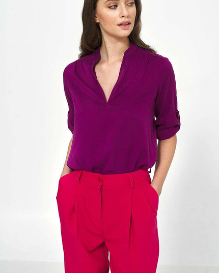 Violet Viscose Blouse With Ruched Neckline And Sleeves