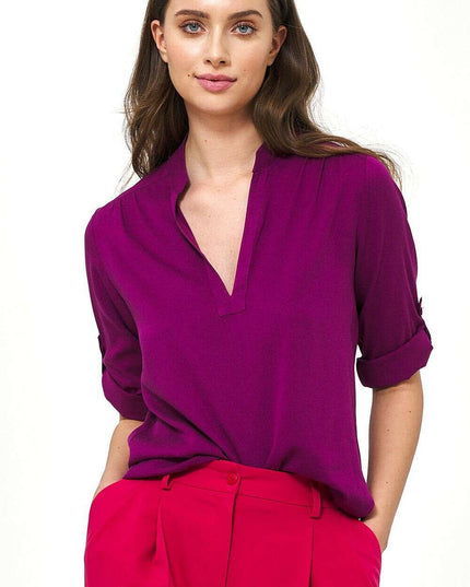 Violet Viscose Blouse With Ruched Neckline And Sleeves