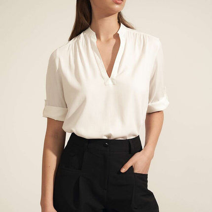 Beige Blouse With Ruching And Rolled Sleeves For Office