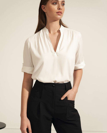 Beige Blouse With Ruching And Rolled Sleeves For Office