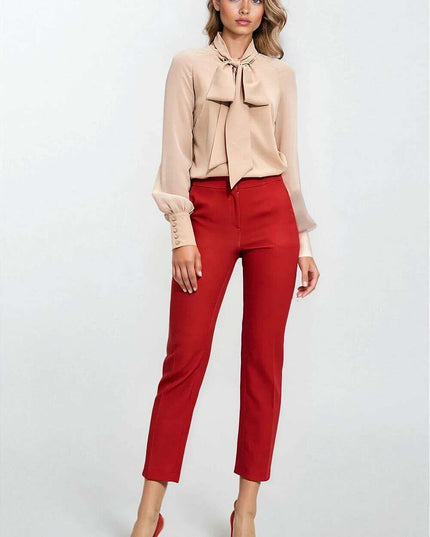 Beige Blouse With Neck Tie And Elegant Cuff Details