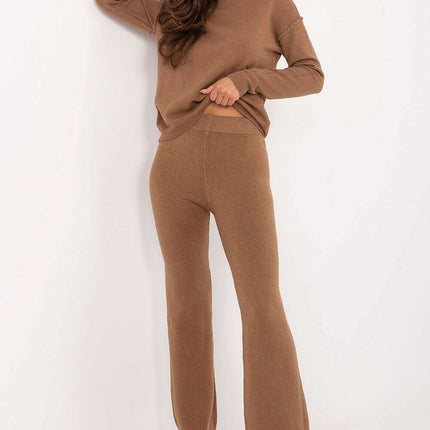 Brown Knit Sweater Set With Coordinating Pants For Women