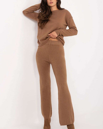 Brown Knit Sweater Set With Coordinating Pants For Women