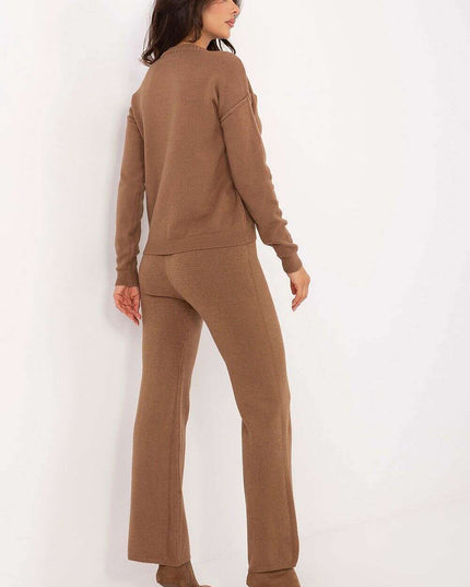 Brown Knit Sweater Set With Coordinating Pants For Women