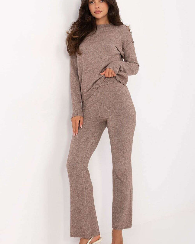 Beige Knit Set With Sweater And Trousers For Women 216686