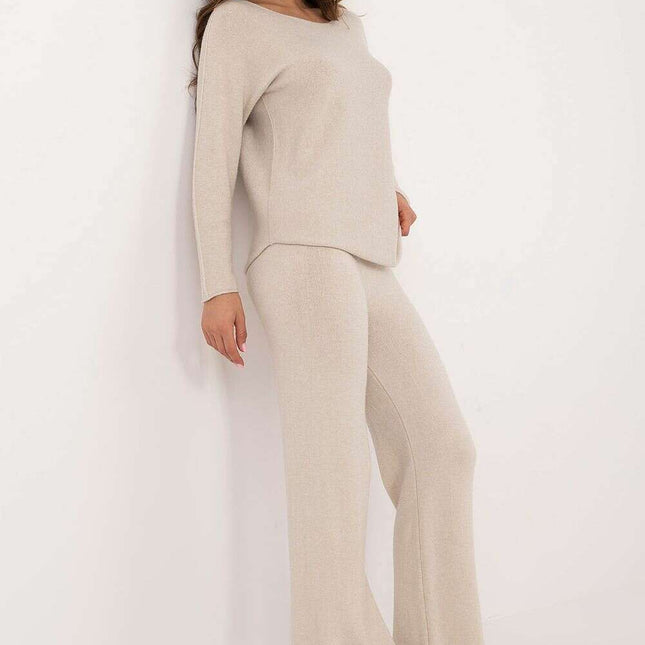 Beige Womens Casual Sweater Set With Soft Touch Knit Pants
