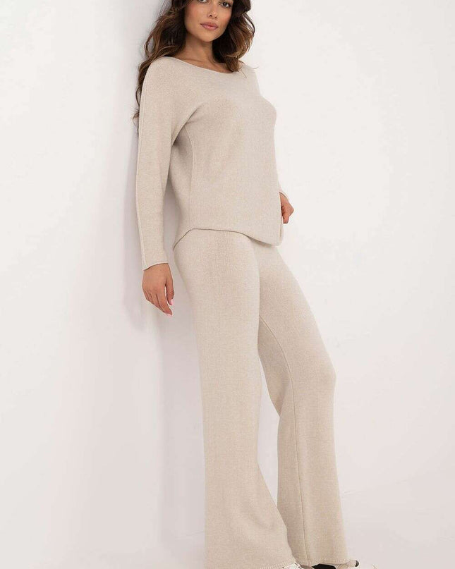 Beige Womens Casual Sweater Set With Soft Touch Knit Pants