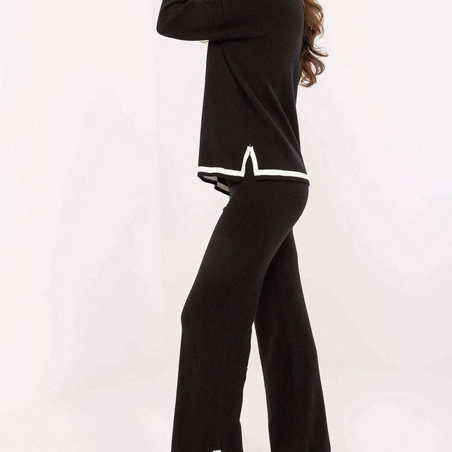 Black Two Piece Womens Sweater Set With V Neck Long Sleeves