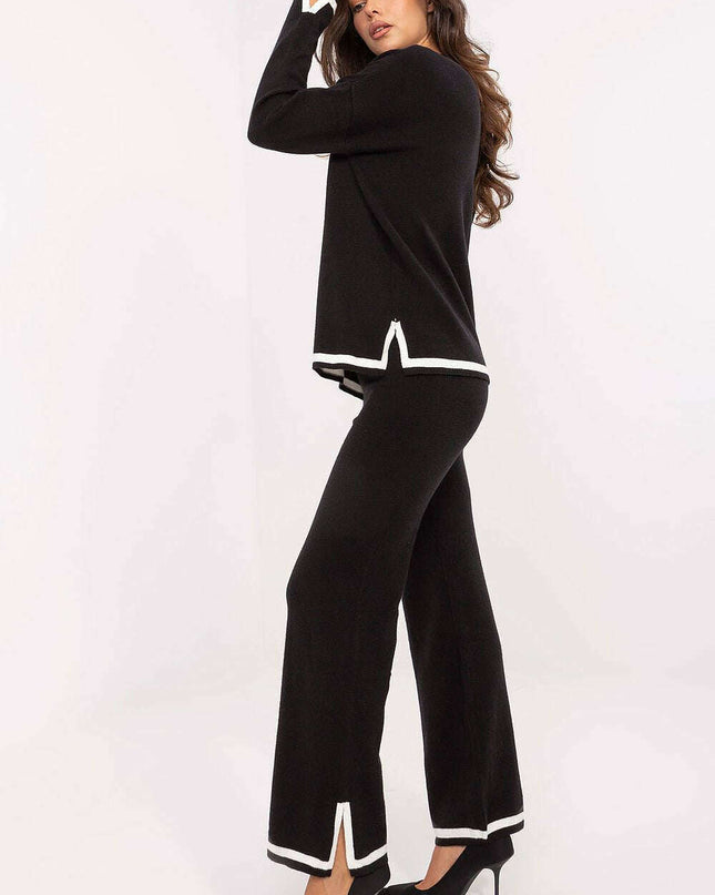 Black Two Piece Womens Sweater Set With V Neck Long Sleeves