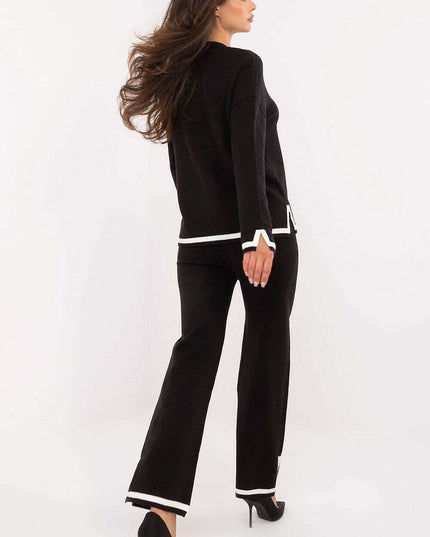 Black Two Piece Womens Sweater Set With V Neck Long Sleeves