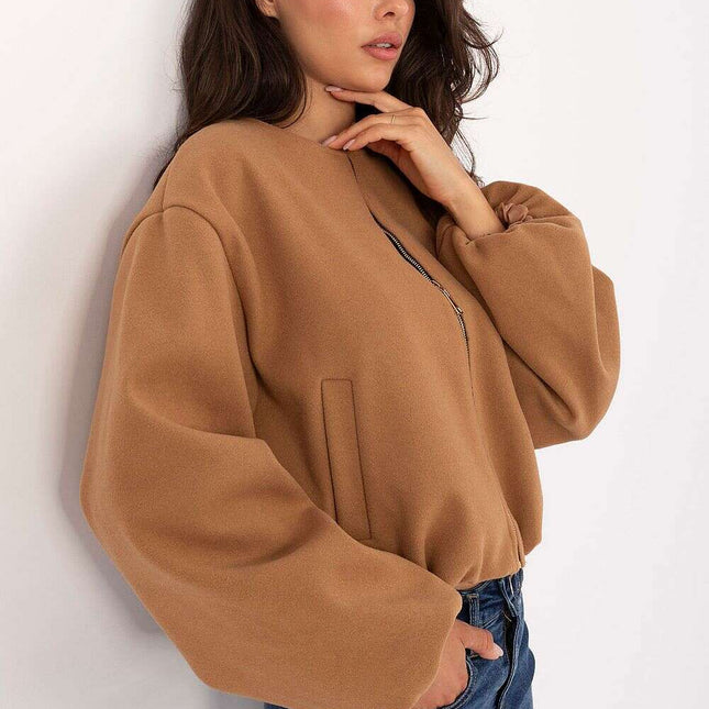 Brown Womens Jacket 216703 Short Transitional Zipper Pockets