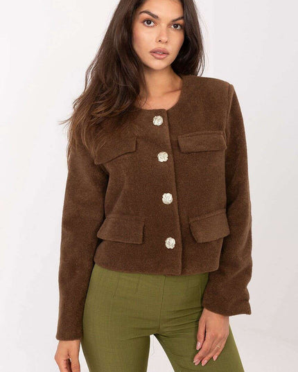 Elegant Brown Womens Short Jacket With Button Fastening