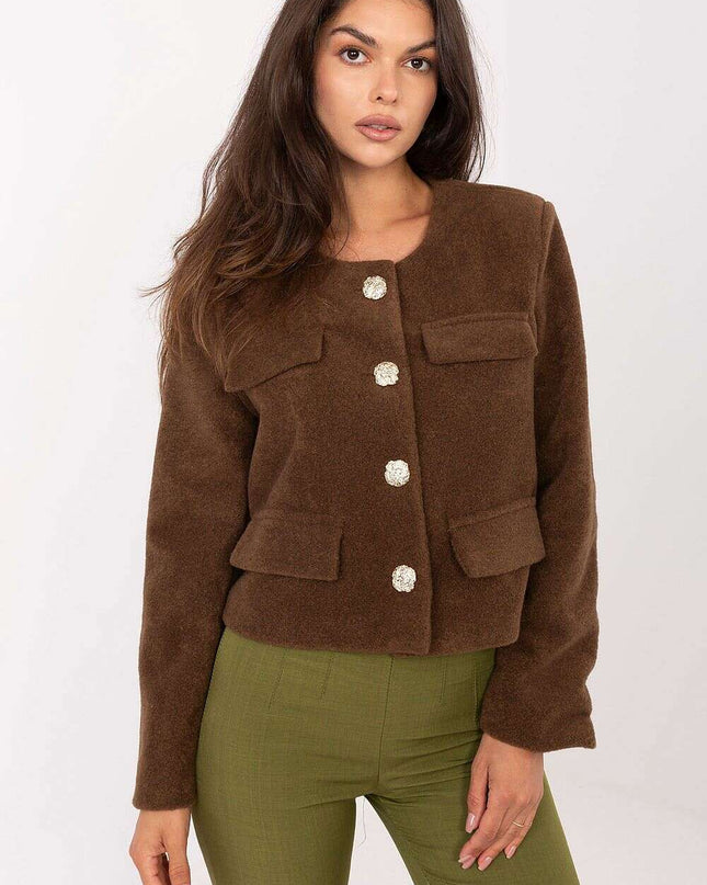 Elegant Brown Womens Short Jacket With Button Fastening