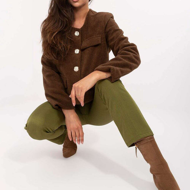 Elegant Brown Womens Short Jacket With Button Fastening