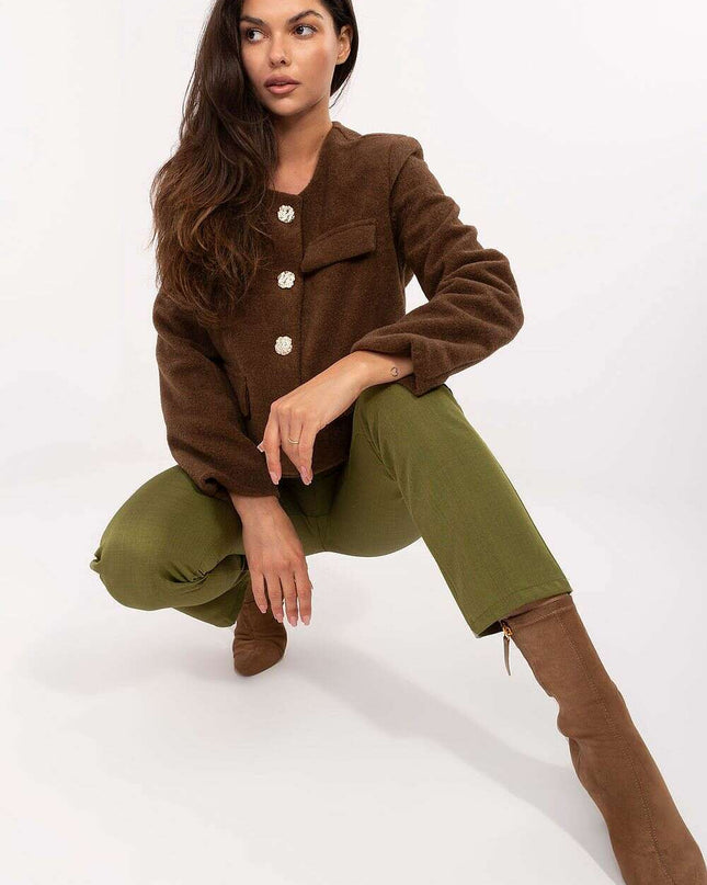 Elegant Brown Womens Short Jacket With Button Fastening